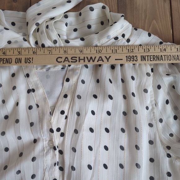 Vintage 70s Polka Dot Striped  Neck Tie Blouse Sheer Secretary Top - Picture 9 of 13